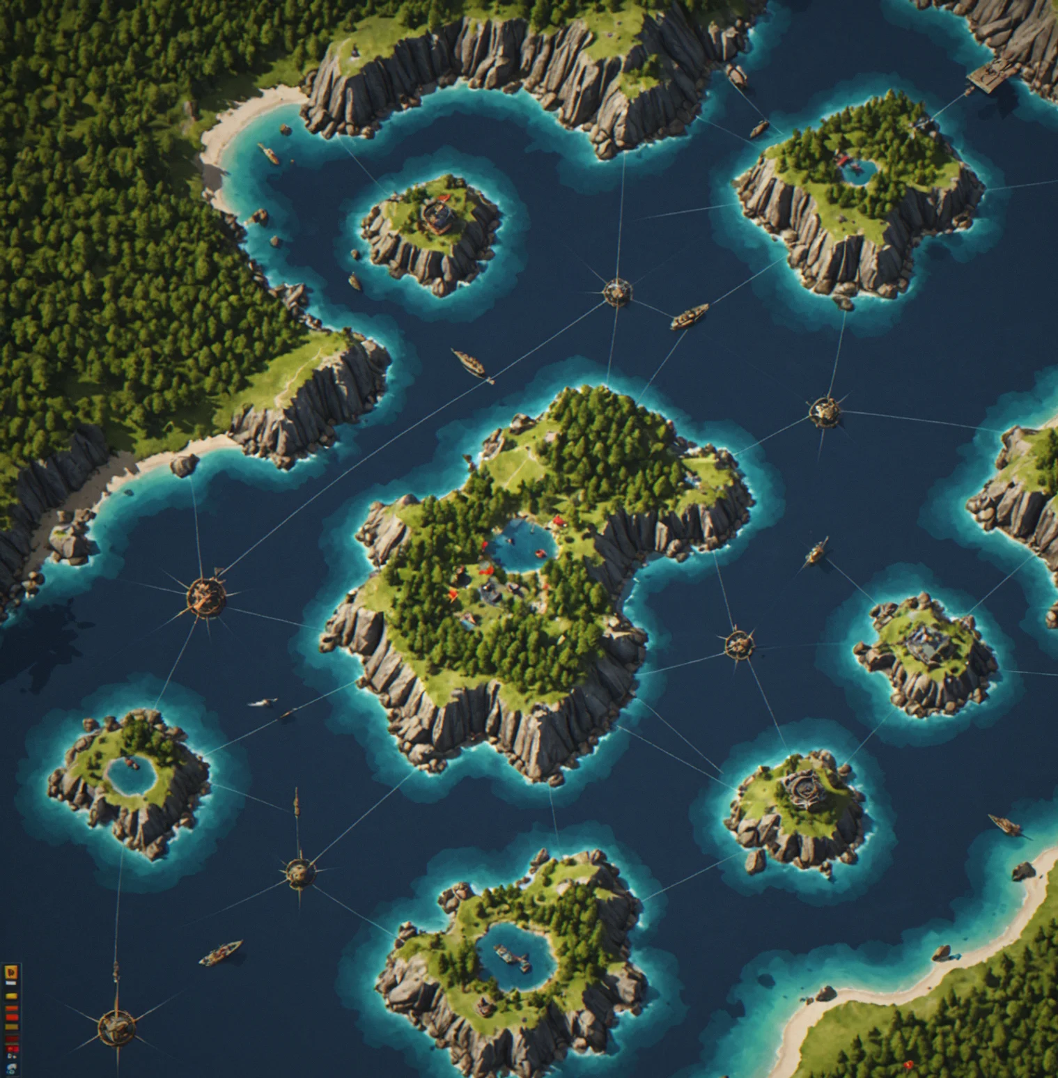 Early campaign map showing 12 islands spread across an archipelago with three player-controlled fortified positions and neutral resource nodes