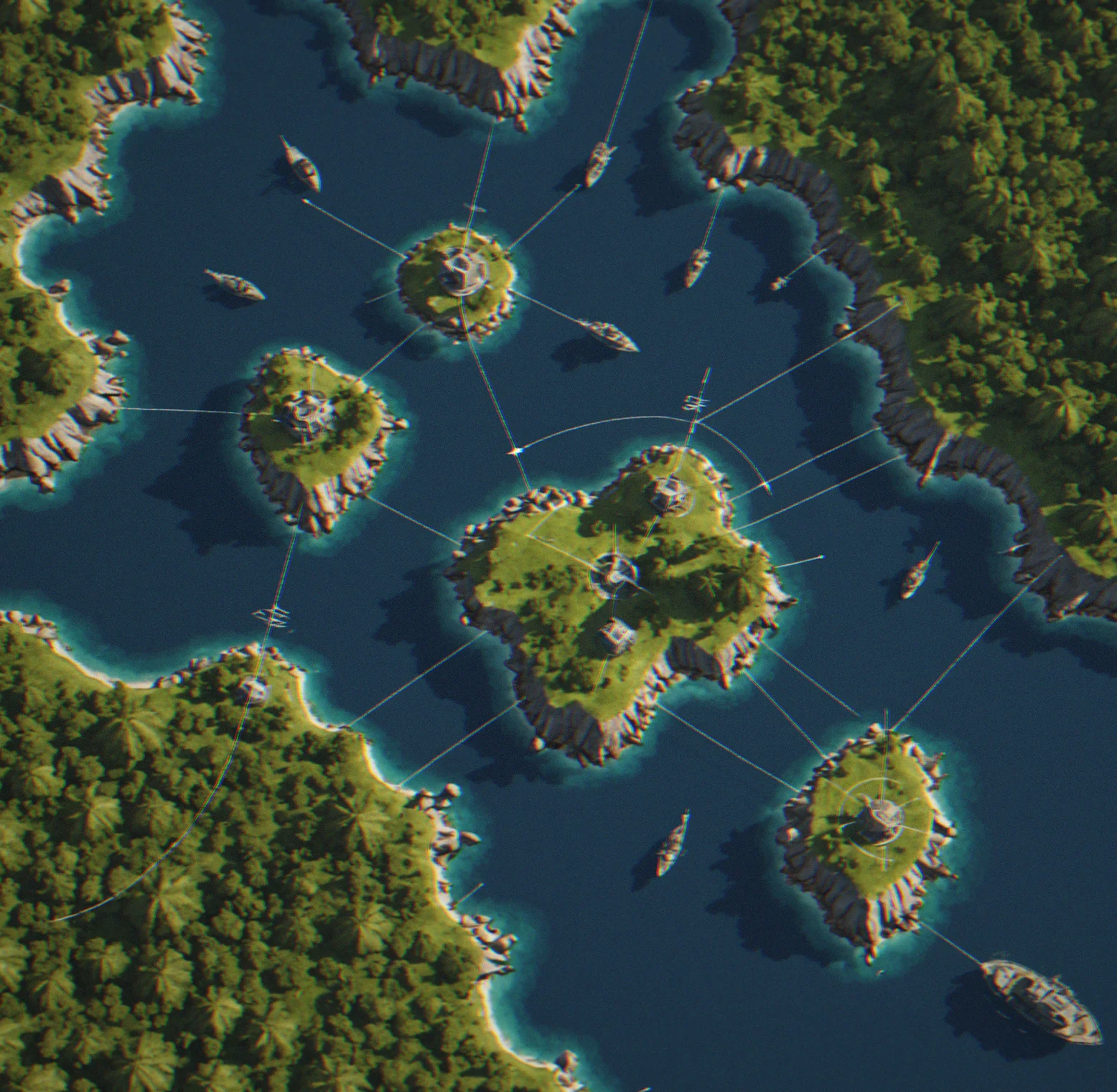 Mid-campaign fortification display showing one island with heavy defensive structures, two neighboring islands lightly garrisoned, supply lines connecting them