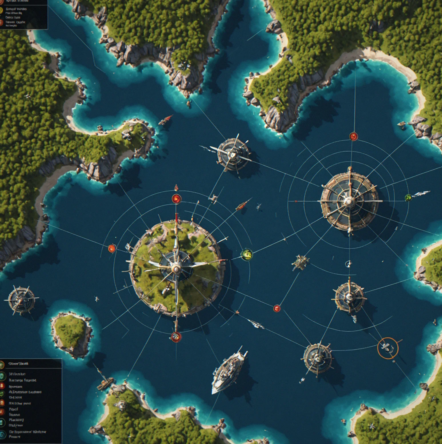 Enemy fleet composition panel showing five coordinated ship groups positioned at different archipelago approach vectors with attack timing indicators