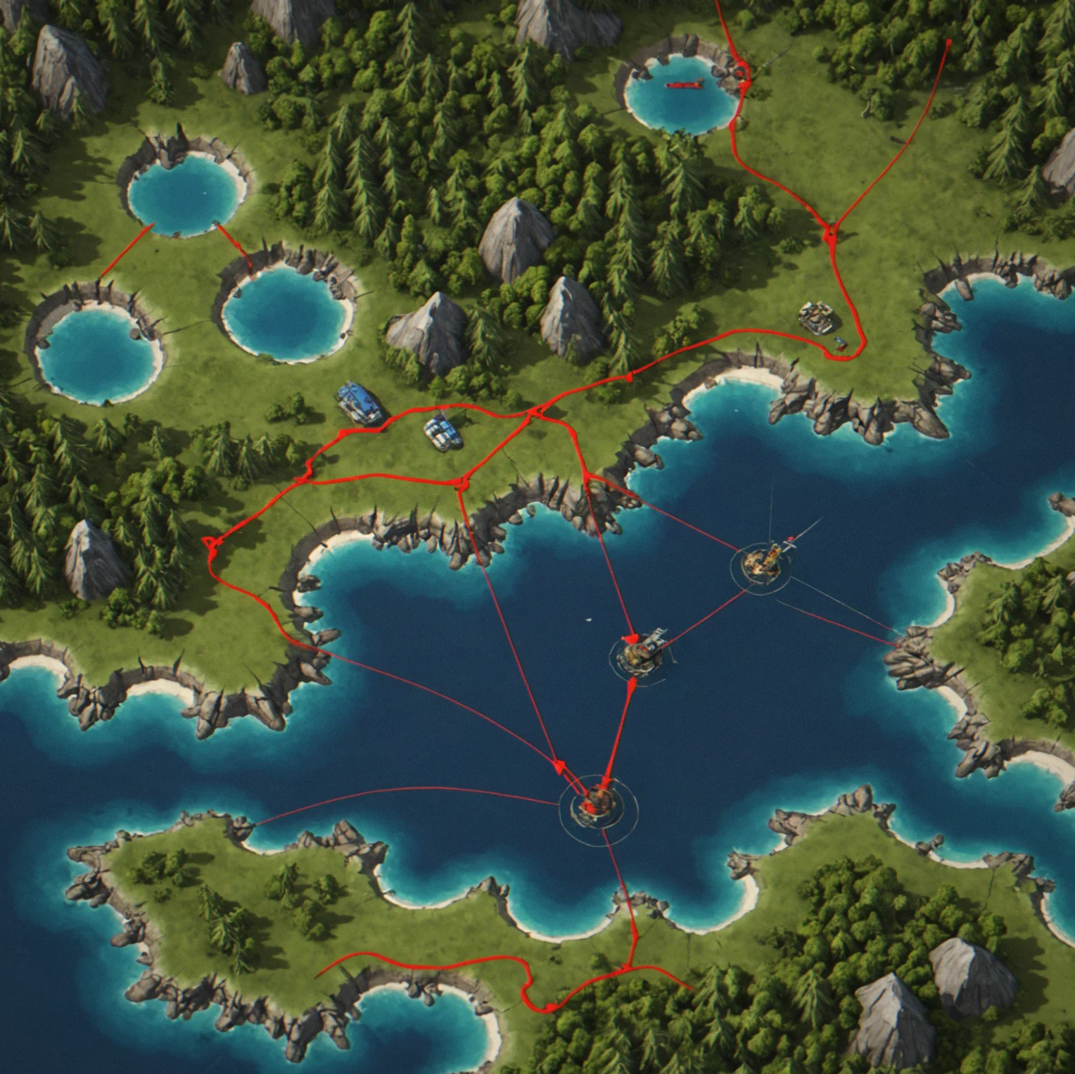 Broken supply line visualization showing severed connection between two islands with red alert indicators and cascading resource depletion