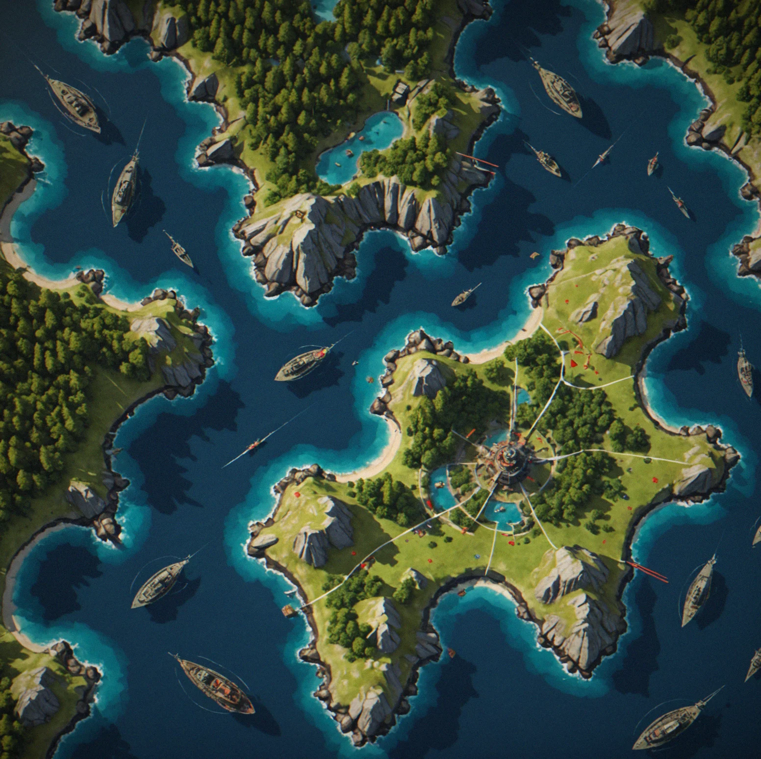 Top-down tactical map showing 5 fortified islands with color-coded garrison strength levels and enemy fleet positions