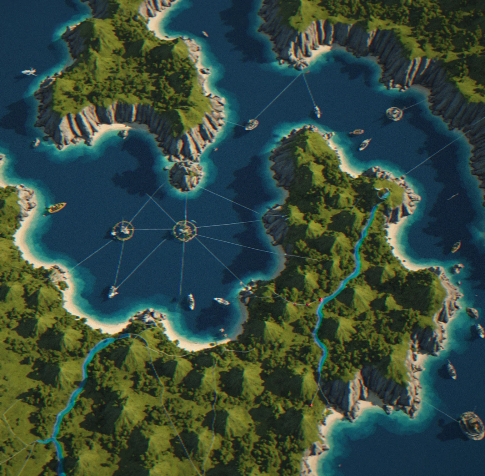 Supply route network showing interconnected islands with flowing resource indicators and chokepoint blockade zones