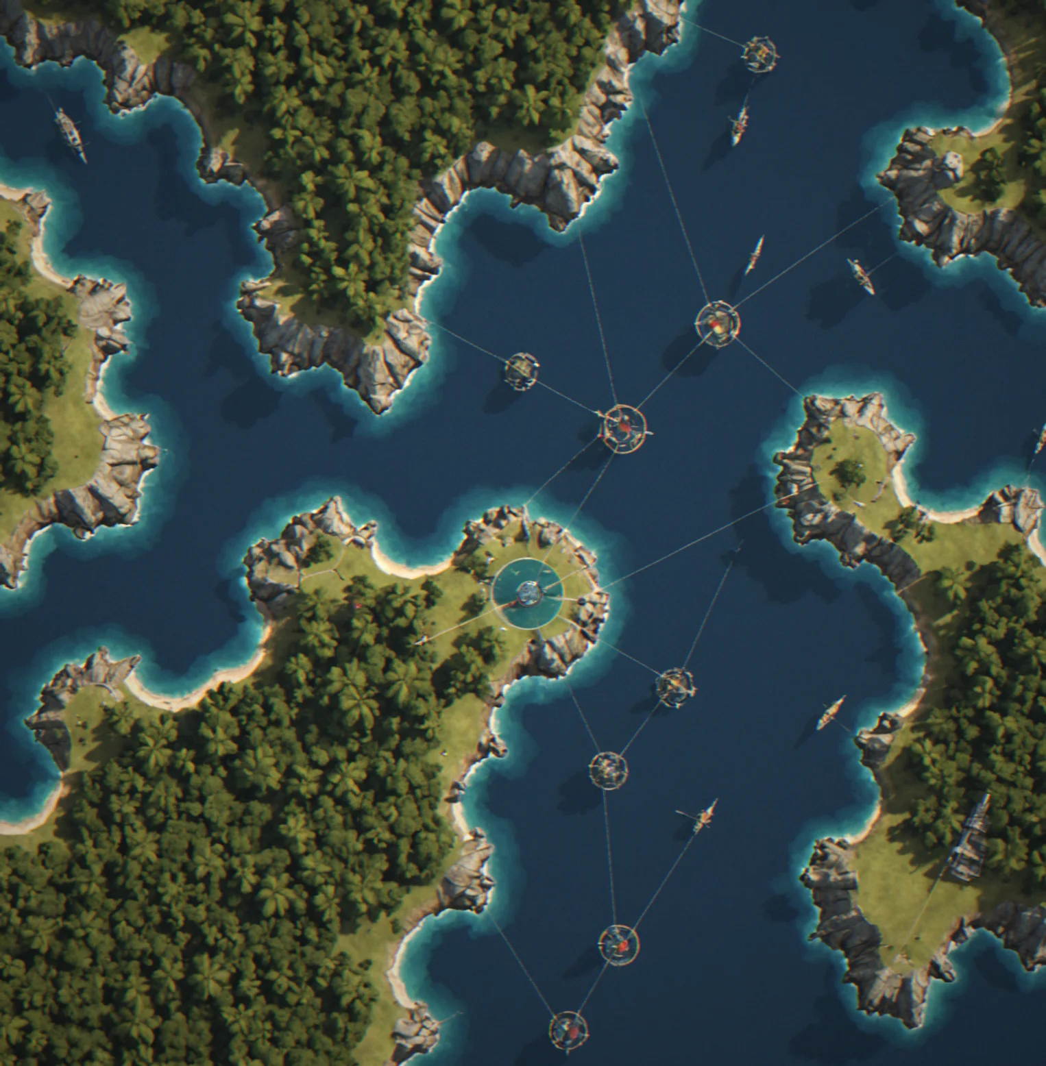 Late-game escalation display revealing three simultaneous enemy strike groups approaching different island sectors