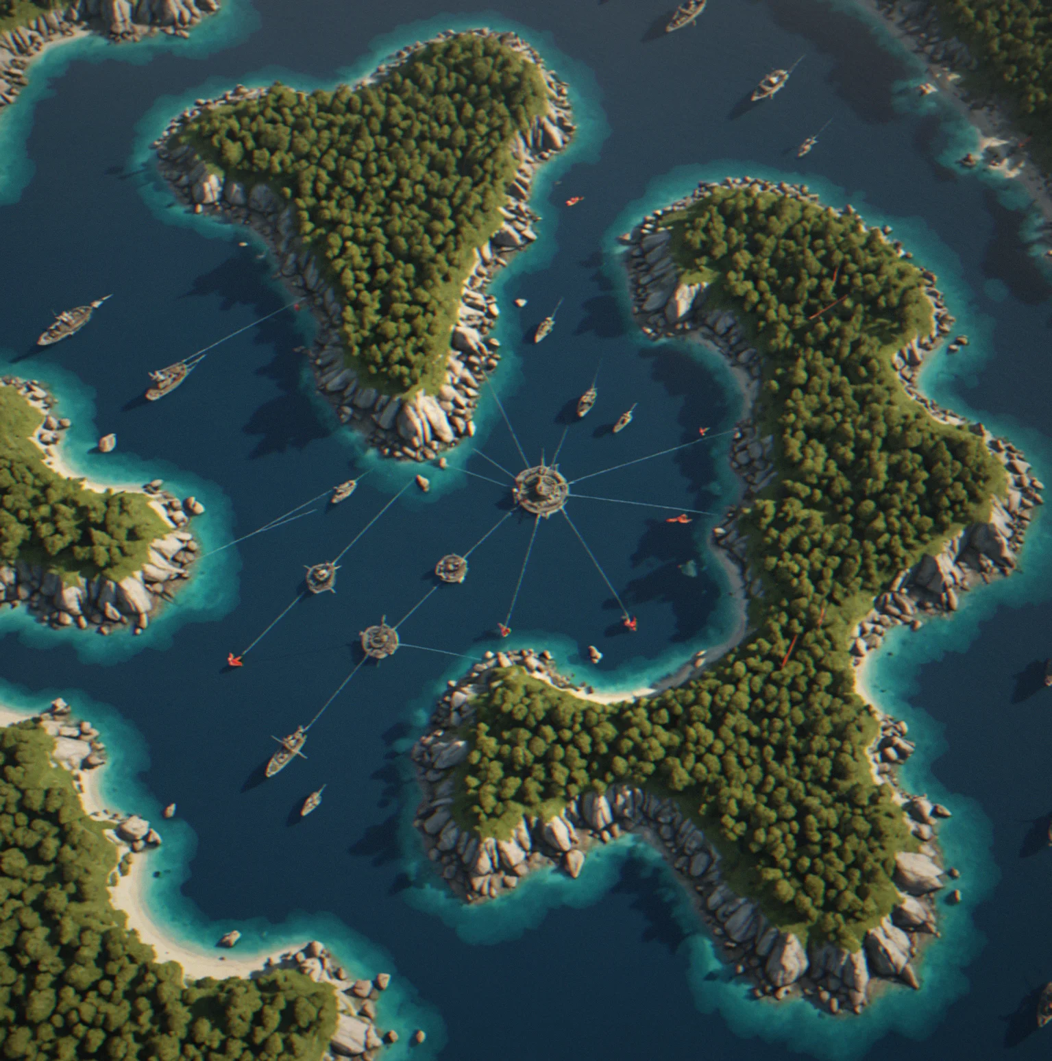 Overhead tactical view of an island archipelago with fortified anchor points and enemy fleet formations approaching