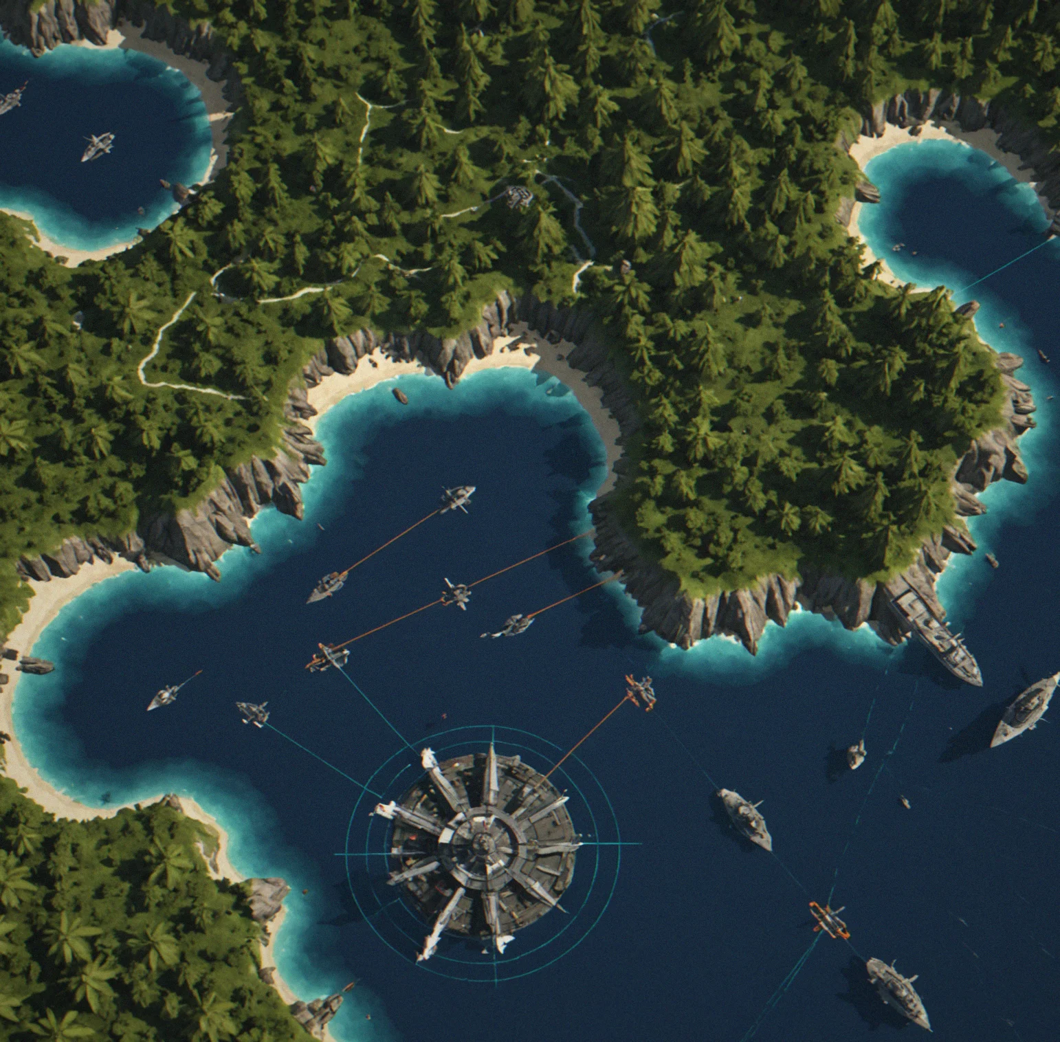 Enemy fleet progression showing single ships early, coordinated squadrons mid-game, and multi-vector attacks late