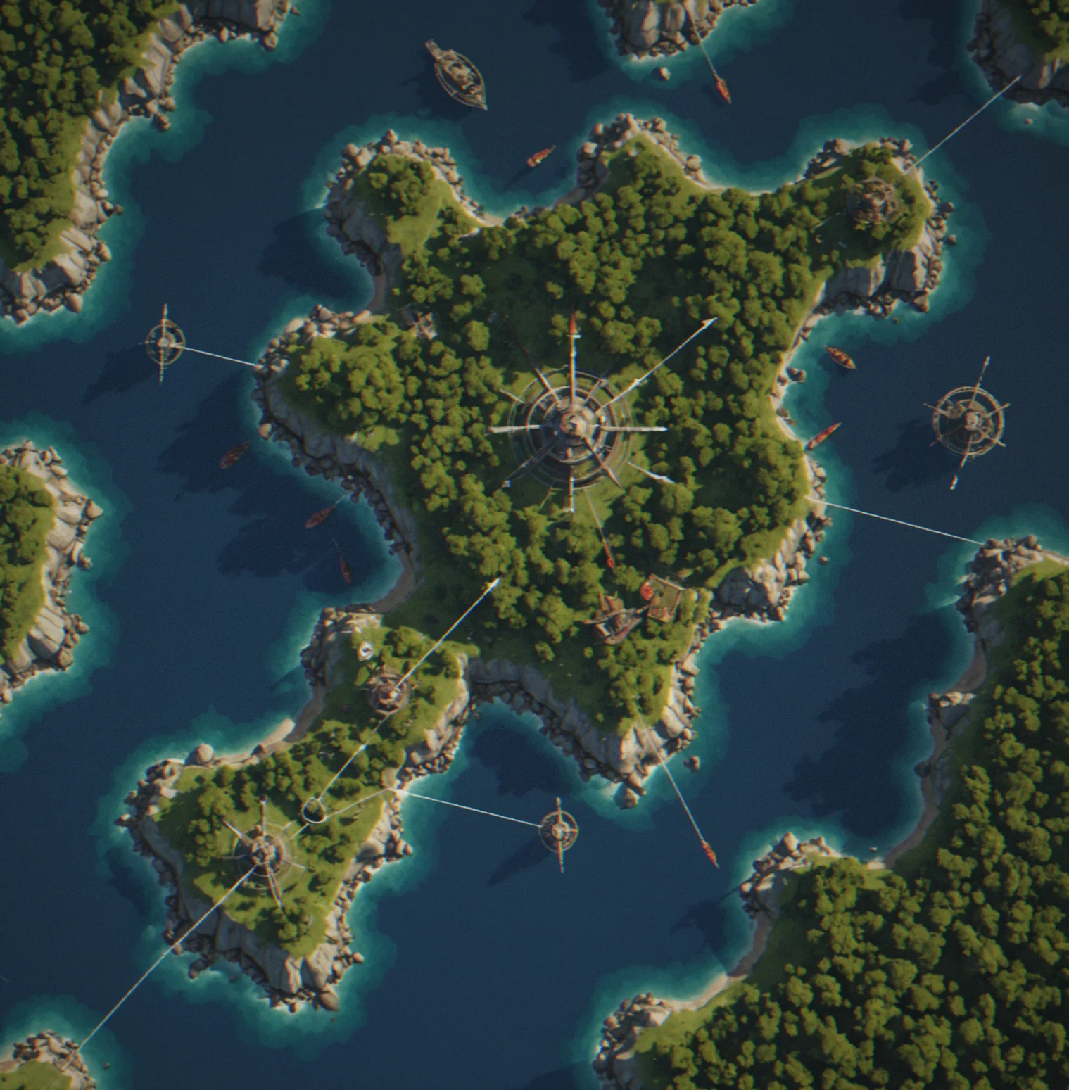 Naval supply routrs connecting islands with resource flow indicators and enemy blockade positions